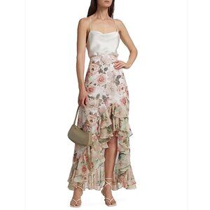 Alice + Olivia Braylee Asymmetric Floral Rose Ruffle Slip Midi Skirt Size 4